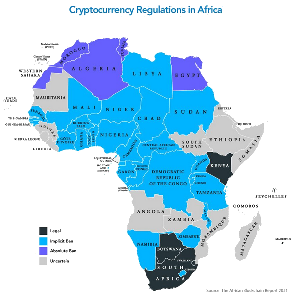 Carte de la réglementation des crypto-monnaies en Afrique en 2021 : pays où elles sont légales, interdites implicitement ou totalement, ou au statut incertain