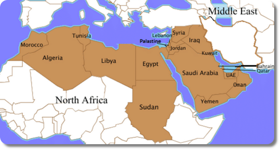 Carte de la région MENA : Afrique du Nord et Moyen-Orient