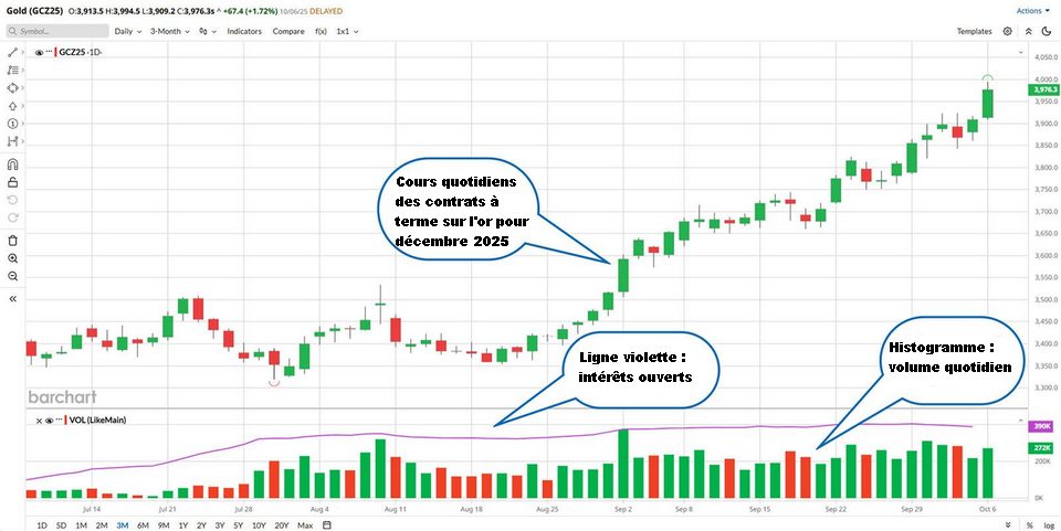 Graphique des futures sur l'or avec histogramme du volume quotidien et courbe de l'intérêt ouvert